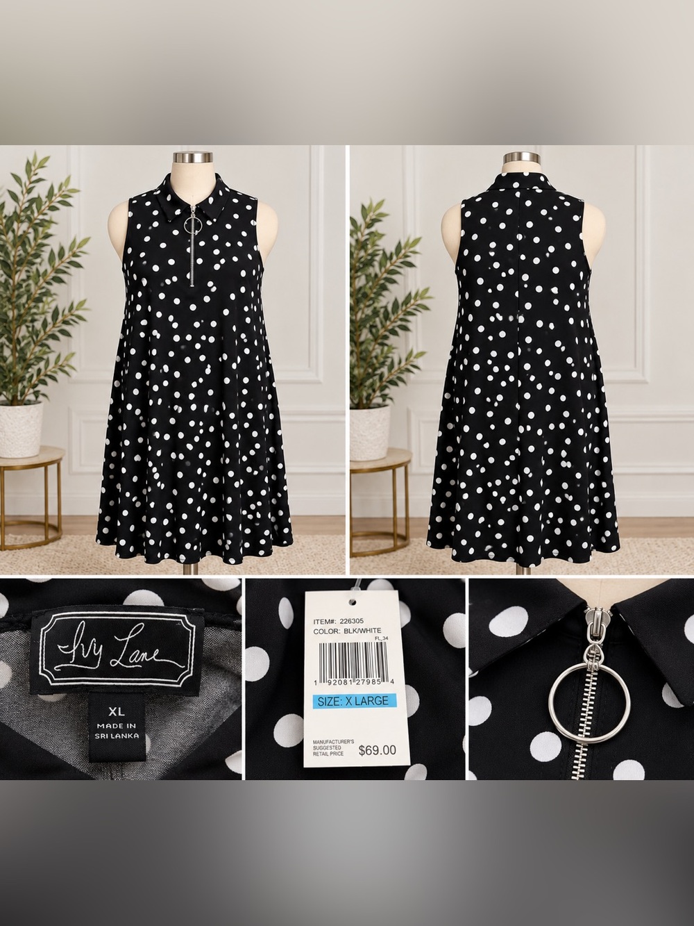 Polka Dot Black & White Sleeveless Kids Dress with Zip Collar - X-Large